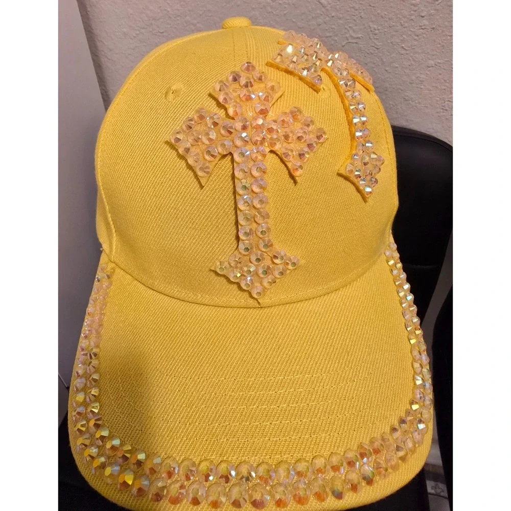 Women’s Yellow Rhinestone Cross Baseball Cap Adjustable Bling Hat NWOT